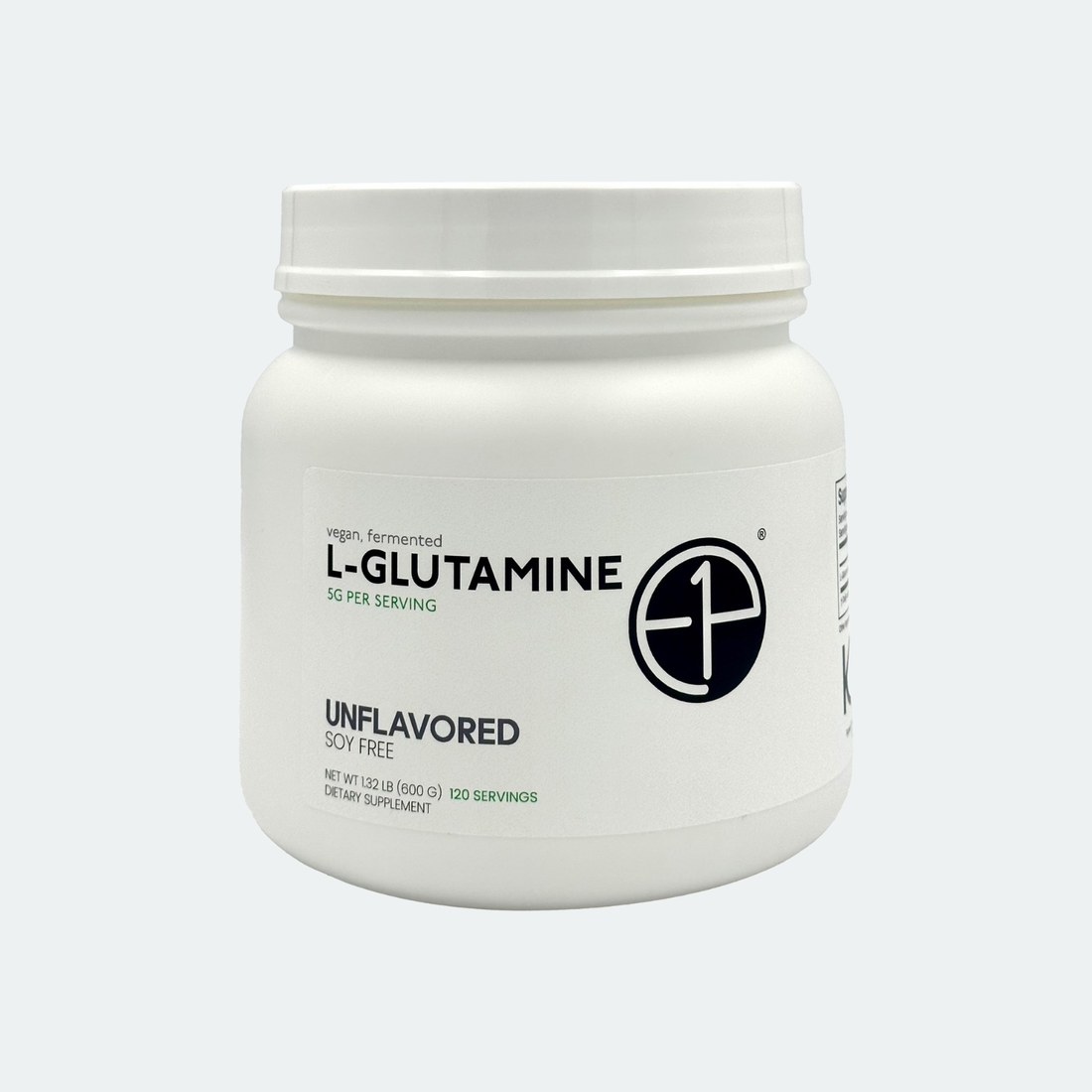 E1P L-glutamine 600 g unflavored powder, 120 servings, front label