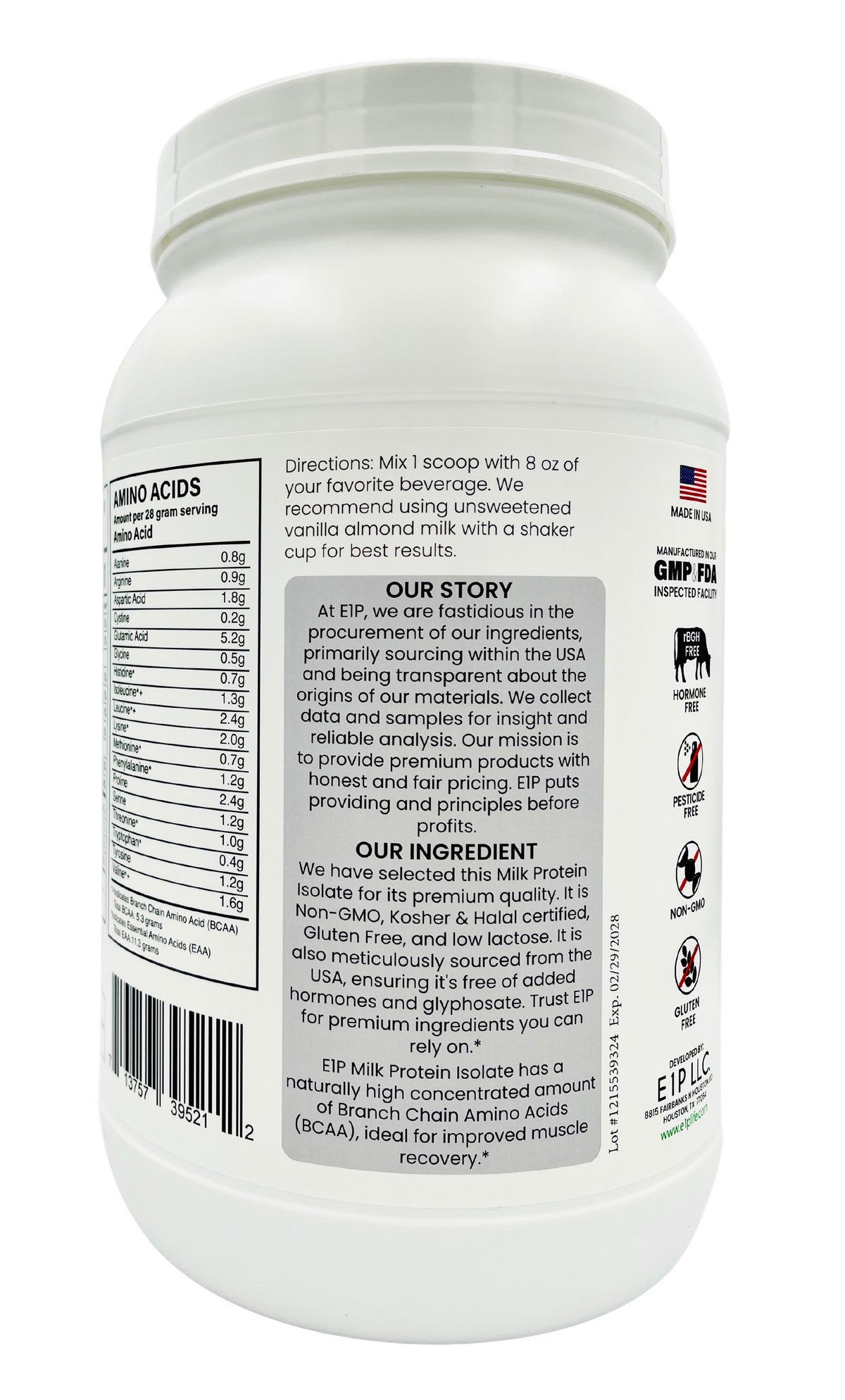 E1P milk protein isolate container showing directions, E1P brand story, ingredient information, and quality icons