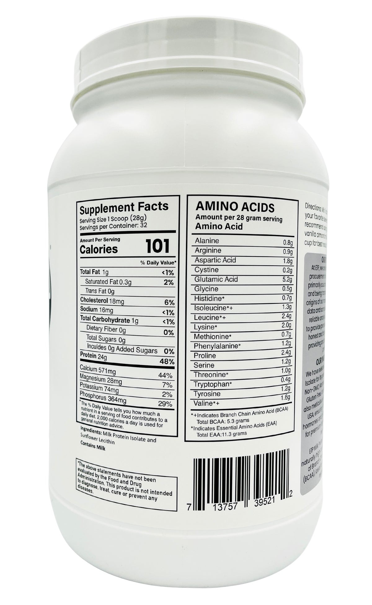 E1P milk protein isolate container showing Supplement Facts, serving information, and nutrition panel