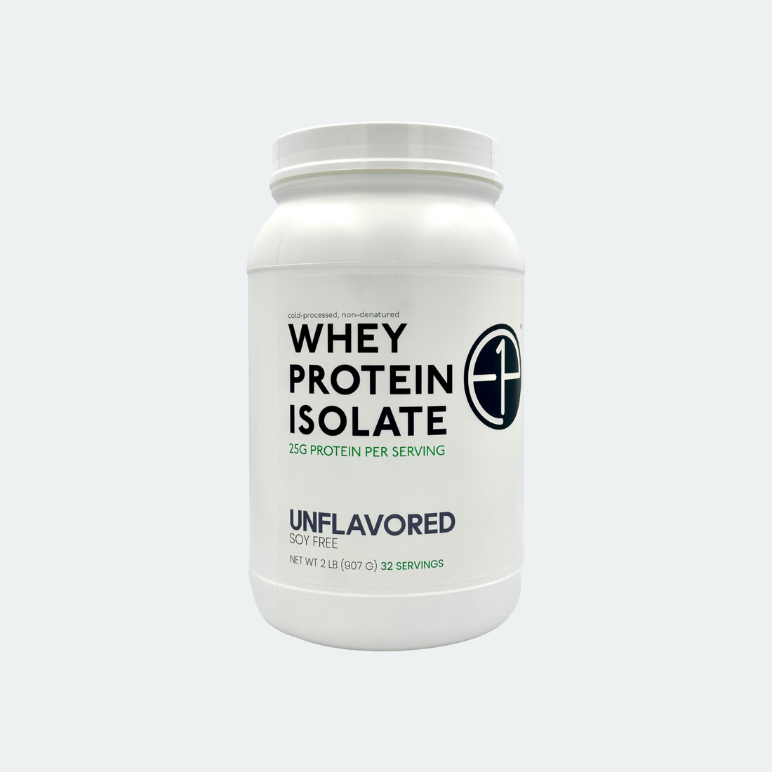 E1P whey protein isolate 2 lb unflavored powder, 32 servings, 25 g protein per serving, front label